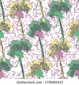 Summer birch tree silhouettes. Abstract decorative seamless vector pattern on irregular polka dot background. Great for nursery wallpapers, interior decoration and textile prints. 