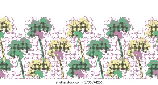 Summer birch tree silhouettes. Abstract decorative seamless vector horizontal border on irregular polka dot background. For nursery wallpapers, interior decoration and stationery.  