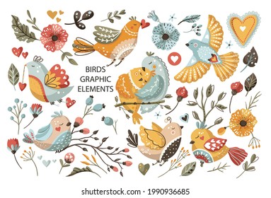 Summer bird cartoon vector set. Cute colorful animal scandinavian collection with flower, little bright birds nature wildlife clipart element.