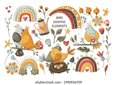 Summer bird cartoon vector set. Cute colorful animal scandinavian collection with flower, little bright birds nature wildlife clipart element.