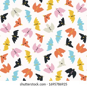 
Summer bird ditzy shapes seamless vector background pattern. Stylized paper cut out birdies flying in sky texture. Fashion kawaii dense decor swatch. Decorative bright flat color fun all over print