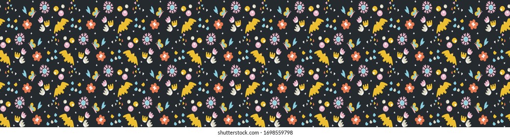 Summer bird ditzy shapes seamless vector border background. Stylized paper cut out birdies flying in sky banner pattern. Fashion kawaii ribbon trim. Decorative bright flat color fun cute washi tape.