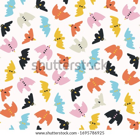 
Summer bird ditzy shapes seamless vector background pattern. Stylized paper cut out birdies flying in sky texture. Fashion kawaii dense decor swatch. Decorative bright flat color fun all over print