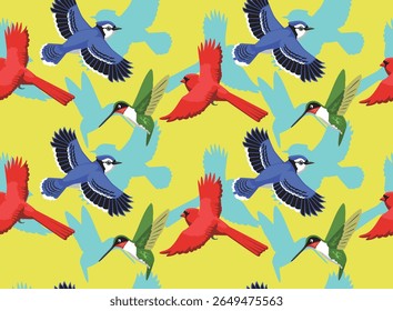 Summer Birds Cardinal Hummingbird Jay Cartoon Seamless Pattern Background Wallpaper