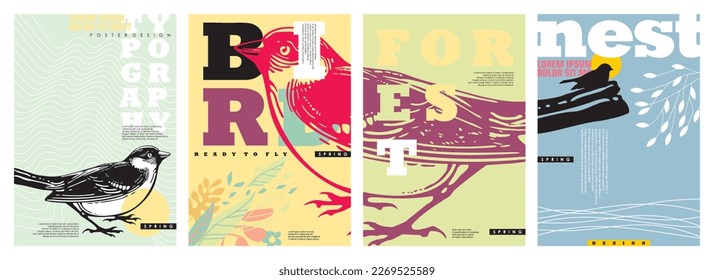 Summer birds and nature posters design backgrounds. Minimalist set of spring floral banners. Vector illustration. 