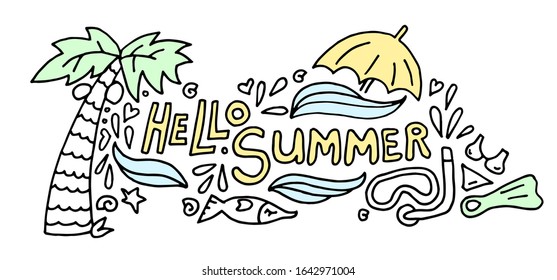 Summer black hand drawn thin line postcard isolated on white background. Seasonal greeting with words Hello Summer. Doodle card with palm tree, swimsuit, glasses, booze, umbrella,  leaves. 