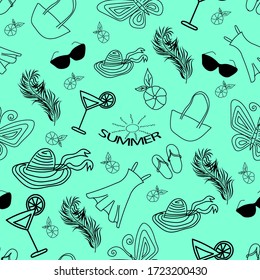 Summer black outline icons drawn on a blue background. Seamless vector pattern for wallpaper, fabric, wrapping paper. 2020 color trends.