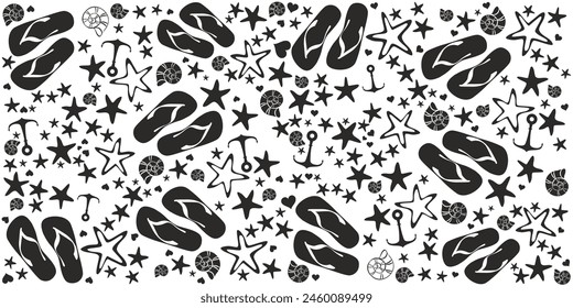 Summer black pattern with shells, flip-flops and  anchor. Fashion print design.  Flat style. Icon Summer. Horizontal banner.  Web banner design background for header Templates. Vector illustration