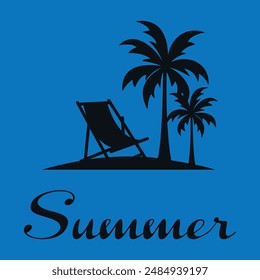 Summer. Black silhouette of a summer beach with palm trees and a deck chair on the seashore. Isolated vector emblem for summer travel, vacation or free time. Isolated vector on blue background.