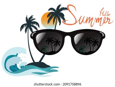 Summer black sunglasses with sun, coconut trees in the background. Vector design illustration
