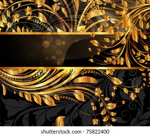 Tarjeta dorada vectorial negro de verano con ornamento sin costuras en el fondo y brillo solar. Pasos 10