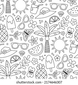 Summer black and white background, seamless vector pattern, texture, drawing, wallpaper, doodle. Palm trees, sun, fruit, popsicle, butterfly, flowers, drink