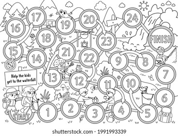 Juego de mesa de dados de campamento blanco y negro de verano para niños con animales lindos, niños. Las vacaciones activas esbozan el juego de mesa con los niños de senderismo yendo a las cascadas. Actividad de viaje por carretera familiar o página de color