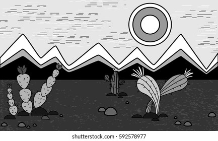 Summer black - white landscape. The flat landscape. Desert with cacti. Bright background