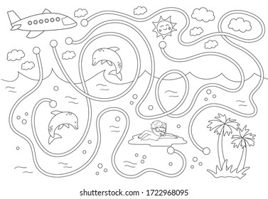 Summer black and white maze for children. Preschool exotic activity. Funny puzzle with cute airplane, swimming boy, dolphins. Help the plane fly to the tropical island. Holiday coloring game for kids