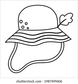 Summer black and white panama hat vector illustration. Cap icon with oak leaf. Hiking or camping head outfit isolated on white background. Outline clothes for active outdoor holidays and tourism
