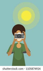 summer black  young boy is taking photo sun photographer camera vector