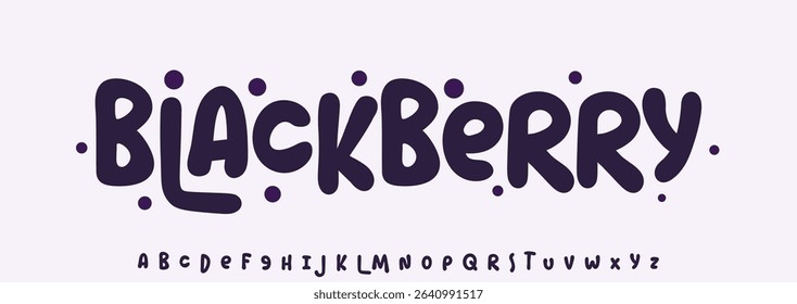 Summer blackberry, joyful lettering, cartoon rounded typography. Childish font for friendly logo headline of culinary recipe book, sweets, ice cream title. Food typographic design. Vector typeset.
