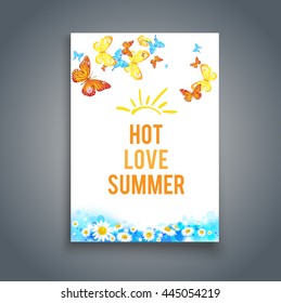 Summer blank with butterflies.Summer sky background. Bright summer blank with flowers and butterflies. Nature template for design banner,ticket, leaflet, card, poster and so on.