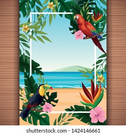 Summer blank card with exotic birds and tropical leaves with flowers on wooden background. vector illustration