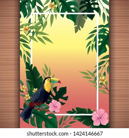 Summer blank card with exotic birds and tropical leaves with flowers on wooden background. vector illustration