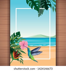Summer blank card with exotic birds and tropical leaves with flowers on wooden background. vector illustration