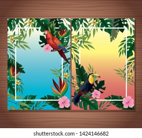 Summer blank card with exotic birds and tropical leaves with flowers on wooden background. vector illustration