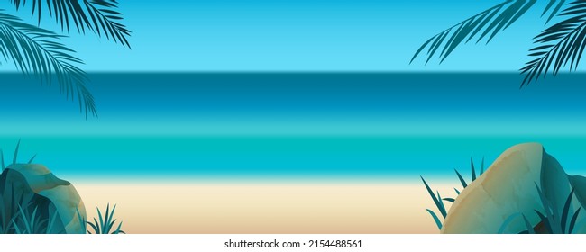 Pancarta horizontal de verano en blanco , plantilla para medios sociales, anuncios. Pancarta de verano vectorial en un hermoso paisaje costero con ramas de palmera.