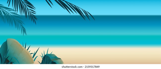 Summer blank horizontal banner , template for social media, ads. Vector Summer banner in  beautiful seaside landscape with palm branches.