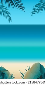 Summer blank vertical banner , template for social media, ads. Vector Summer banner in  beautiful seaside landscape with palm branches.