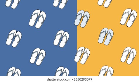 Summer Bliss Seamless Pattern with Fun Beachy Flip Flops On Blue Yellow