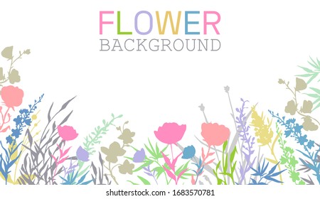 Summer blooming background with wild flowers and grass silhouettes. Abstract botanical arrangement. Stylized floral border at white backdrop. Card or wedding invitation template. Vector illustration.