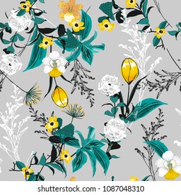 Summer blooming colorful forest garden Floral pattern .Tropical botanical ,Seamless vector texture.for fashion fabric , Printing with in hand drawn style on light grey  background.