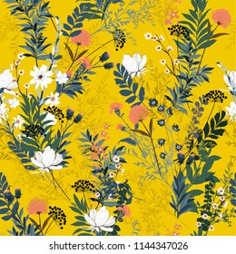 Summer blooming in the garden full of wild flower in many kind of florals seasonal seamless pattern vector ,hand drawing style for fashion, fabric and all prints on vivid yellow background.