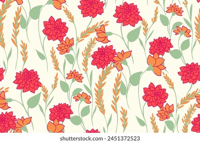 Summer blooming meadow seamless pattern. Abstract artistic wild floral stems intertwined in a patterned printing. Vector hand drawn sketch colorful ditsy flowers, tiny leaves, small buds. 