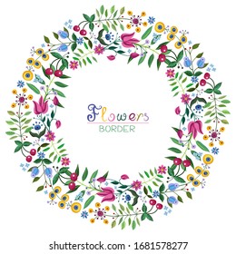 Summer blooming wreath with fancy flowers and cherries. Vintage floral composition at white background. Card or wedding invitation template. Vector illustration.