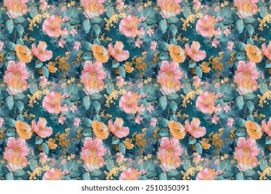Summer blossoms form a seamless, attractive design. Floral basic diagonal seamless backdrop suitable for textile or book covers, manufacturing, wallpapers, printing, gift wrapping, and scrapbooking. T