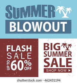 Summer blowout banner set. Shop now, flash sale, vector.