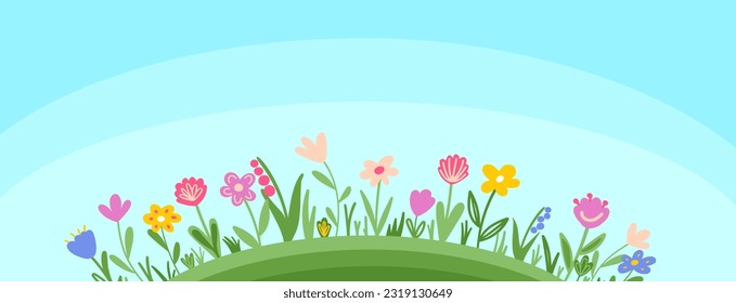 Summer blue background with green grass and wildflowers. Place for text. flat banner