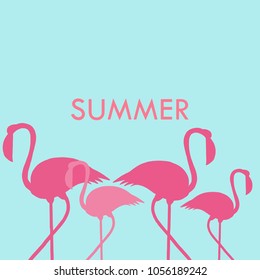Summer blue background and pink flamingo.