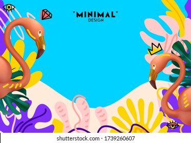 Sommerblauer Hintergrund mit realistischem 3D-Rosa Flamingo, üppige Palmenblätter im doodle flachen Stil. Sommer Design minimales Poster, Banner. Platz für Text. Vektor-Abbildung