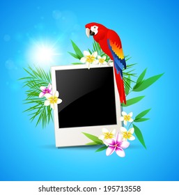 Summer blue  background with red parrot and photo