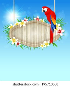 Summer blue  background with red parrot and flowers 