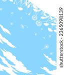 Summer blue background of sky, grass and dandelions, flowers, fluff and clouds. Hello summer. Cover template with white silhouettes on a blue background. Vector illustration of a summer meadow.
