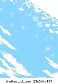 Summer blue background of sky, grass and dandelions, flowers, fluff and clouds. Hello summer. Cover template with white silhouettes on a blue background. Vector illustration of a summer meadow.