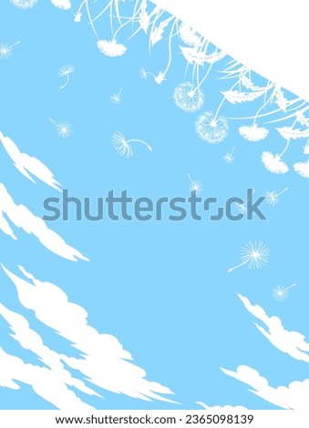 Summer blue background of sky, grass and dandelions, flowers, fluff and clouds. Hello summer. Cover template with white silhouettes on a blue background. Vector illustration of a summer meadow.