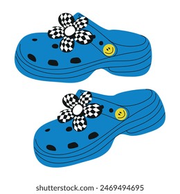 Zapatos azules de verano con lazo. Zapatos de verano de moda. Ilustración vectorial.	