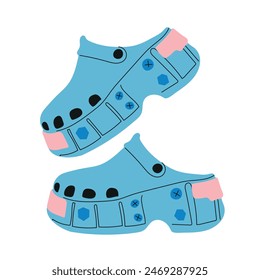 Summer blue clogs. Trendy summer shoes. Vector illustration.
