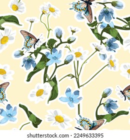 Summer blue flowers, camomile and leaves, light background. Seamless pattern. Garden flowers. Summer beach floral design. 