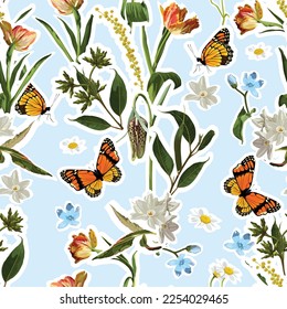 Summer blue flowers, camomile, tulips and leaves, light background. Seamless pattern. Garden flowers. Summer beach floral design. 